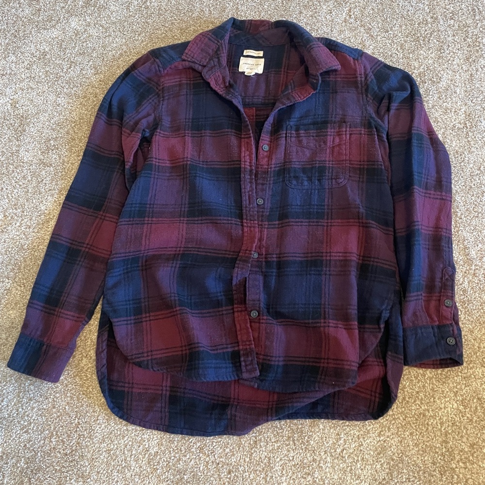 American Eagle Flannel Shirt, purple/blue plaid, small